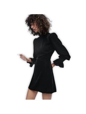 Zara Black Velour High Neck Puff Sleeve Mini Dress